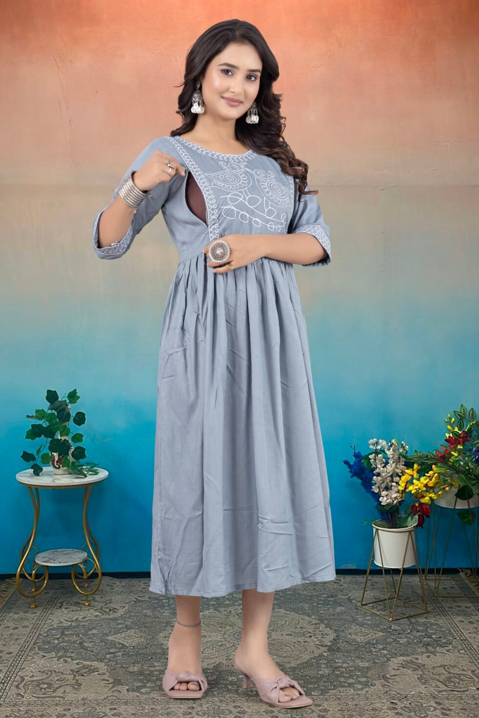 Feeding Maternity Kurti Both Side Zip Anarkali Kurta & Kurtis Zipper dress Beautiful Embroidery